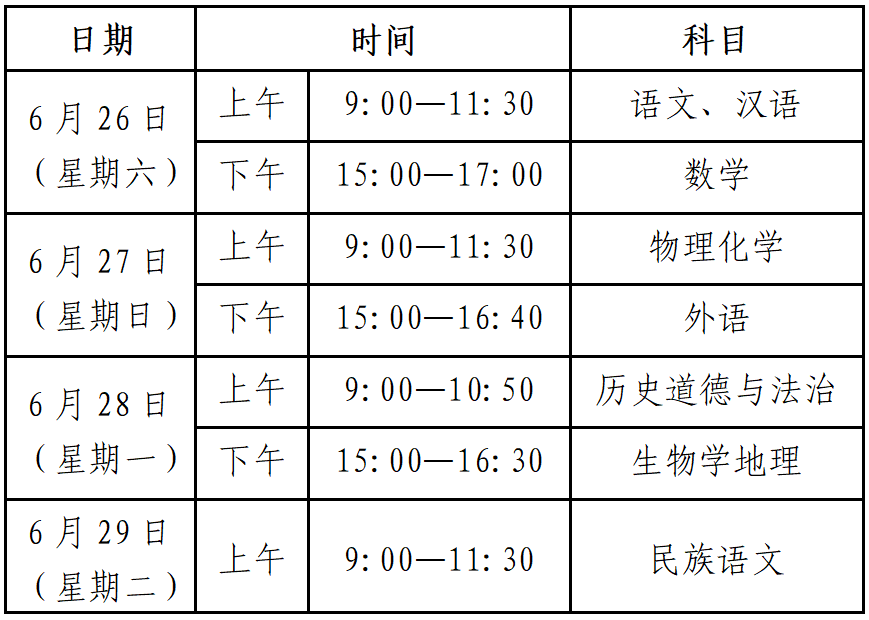 2021年铁岭中考时间安排表