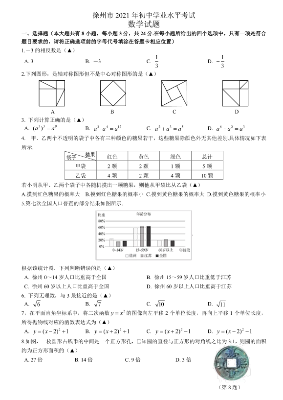 2021年徐州中考数学试卷及答案解析,徐州中考数学真题及答案