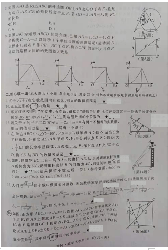 2021年黄冈中考数学试卷第二页